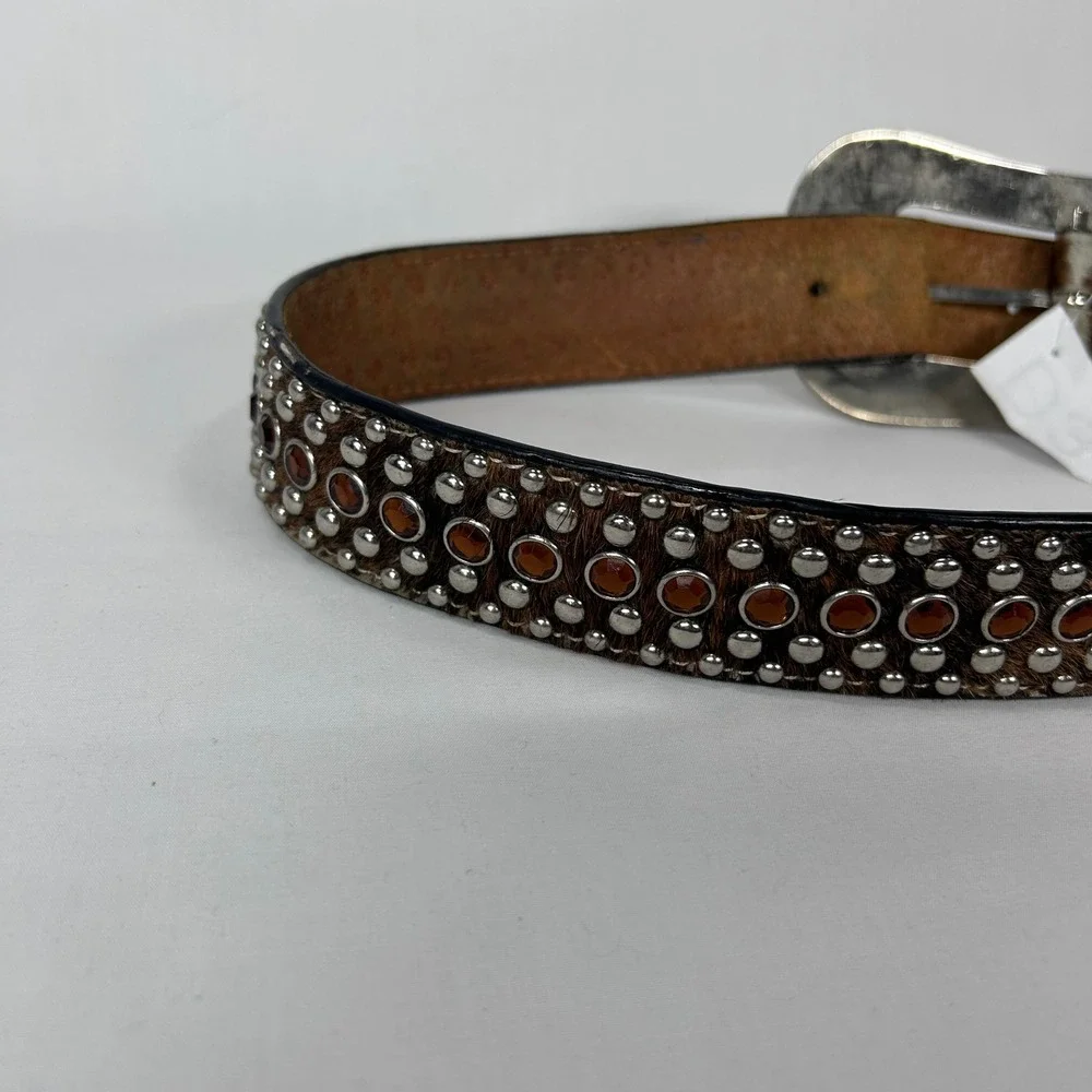 Western Brown Calf Hair Rhinestone Studded Belt – Silver Ornate Buckle (Size 32)